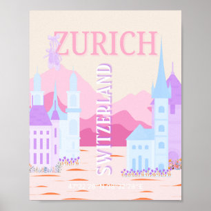 Poster Zurich Travel Art, Suisse, Pink Preppy Travel