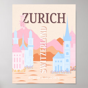 Poster Zurich Travel Art, Suisse, Retro Travel Art