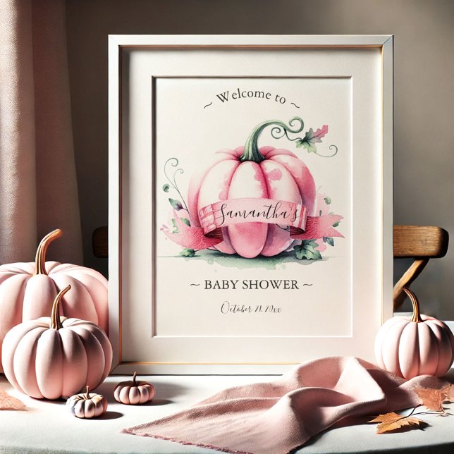Posters en Baby shower Citrouille rose (Fall baby shower posters watercolor pink pumpkins by Do Tell A Belle.)
