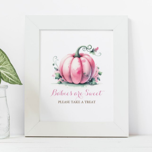 Posters en Baby shower Citrouille rose (Baby shower posters fall pink pumpkin decor watercolor babies are sweet please take a treat.)
