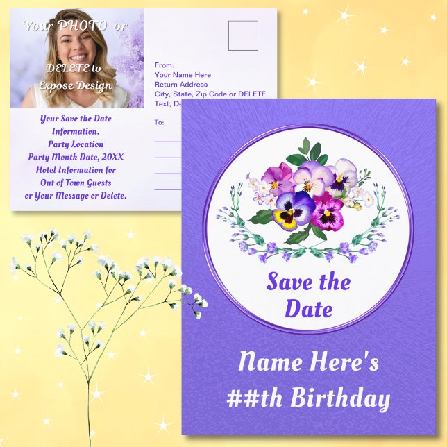 Postkarte (Birthday Save the Date Postcards. Cheap Save the Dates. Pansy Birthday. Save the Date Postcards.)