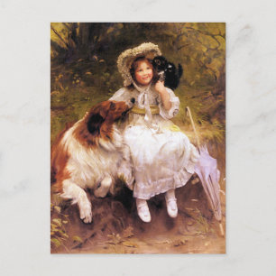 Postkarte: Collie-Hund, Mädchen und Katze Postkarte