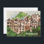 Postkarte Edinburgh (Häuser neben Schloss)<br><div class="desc">Attraktive, farbenfrohe Aquarellmalerei (auf einer Postkarte) des Ramsay Garden - die ikonischen Häuser neben dem Schloss Edinburgh.</div>