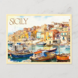 POSTKARTE Farbige Wasserfarbe Sizilien Hafen Reise