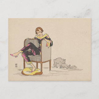 Postkarte - Frau und Katze - französischer Künstle