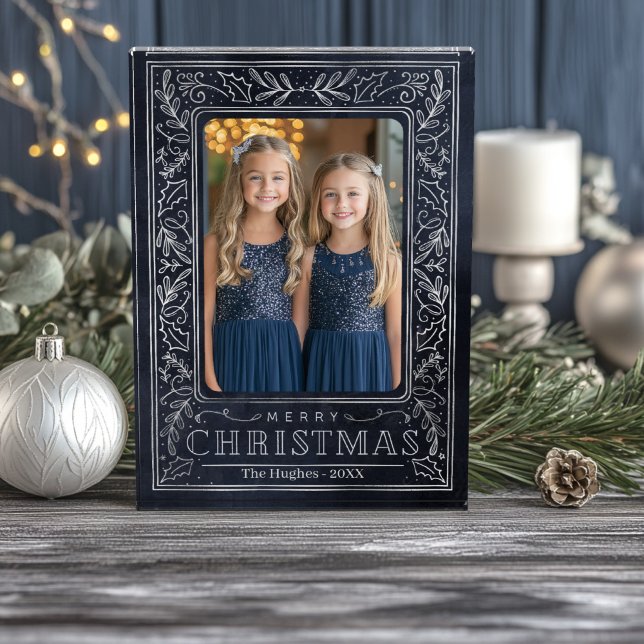 Postkarte für Schiffe und Silver Holiday Fotoblock (Navy and Silver Holly Christmas Photo Block)