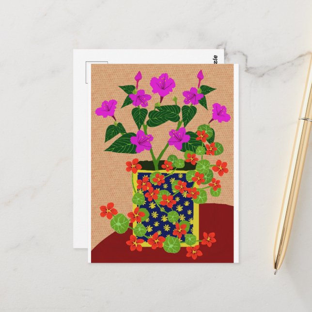 Postkarte für vier Uhr und Nasturtium (Vorderseite/Rückseite Beispiel)