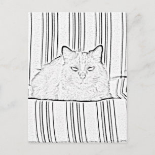 Postkarte - Katze auf gestreiftem Stuhl zum Ausmal