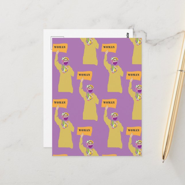 Postkarte mit afghanischer Frau mit Protestzeichen (Vorderseite/Rückseite Beispiel)