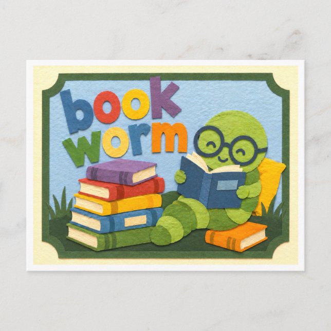 Postkarte mit Buchwurm aus Papier (Vorderseite)