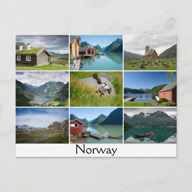 Postkarte mit Landschaften und Text: "Norwegen" (Vorderseite)