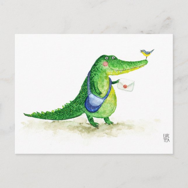 Postkarte mit Niedlichem grünen Krokodil verschieb (Vorderseite)