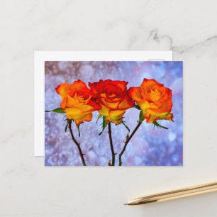Postkarte mit orangen und gelben Rosen in einer Re