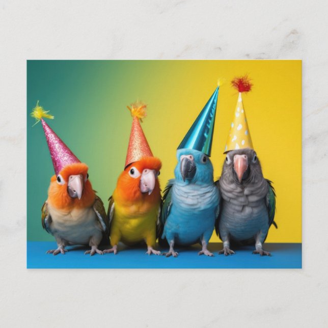 Postkarte mit Papageien mit Party Hats auf (Vorderseite)