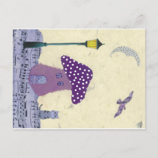 Postkarte mit Pilzhaus, Lampenpost, Katze