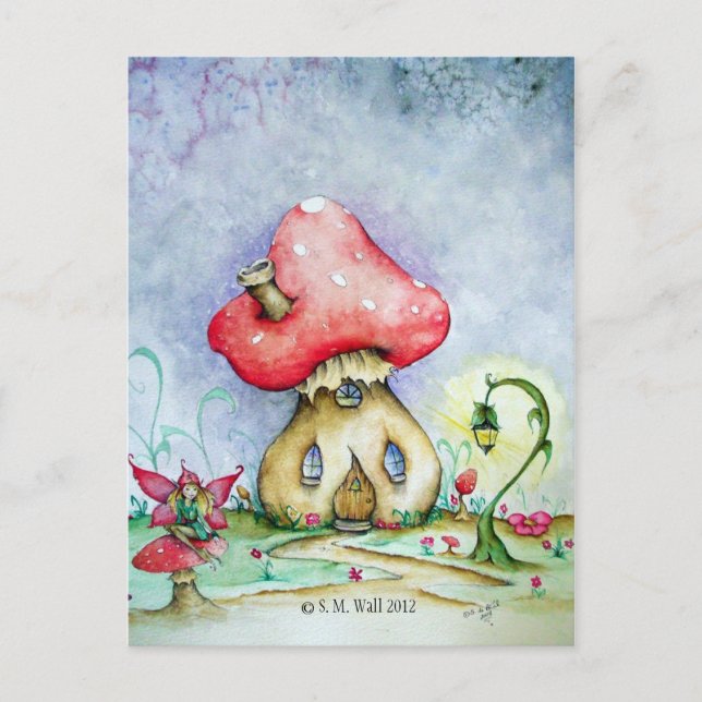 Postkarte mit Toadstool House, Fee und Lampenpost (Vorderseite)
