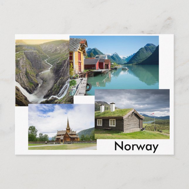 Postkarte mit vier Landschaften in Norwegen (Vorderseite)