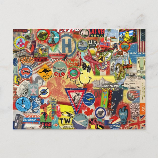 Postkarte mit Vintagen Flags und Aufklebern (Vorderseite)