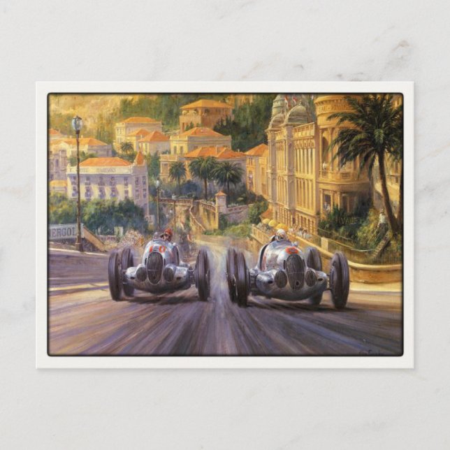 Postkarte mit Vintagen Rennwagen im Wettbewerb (Vorderseite)