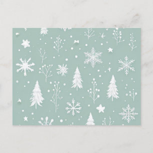 Postkarte mit weißen Bäumen und Schneeflocken