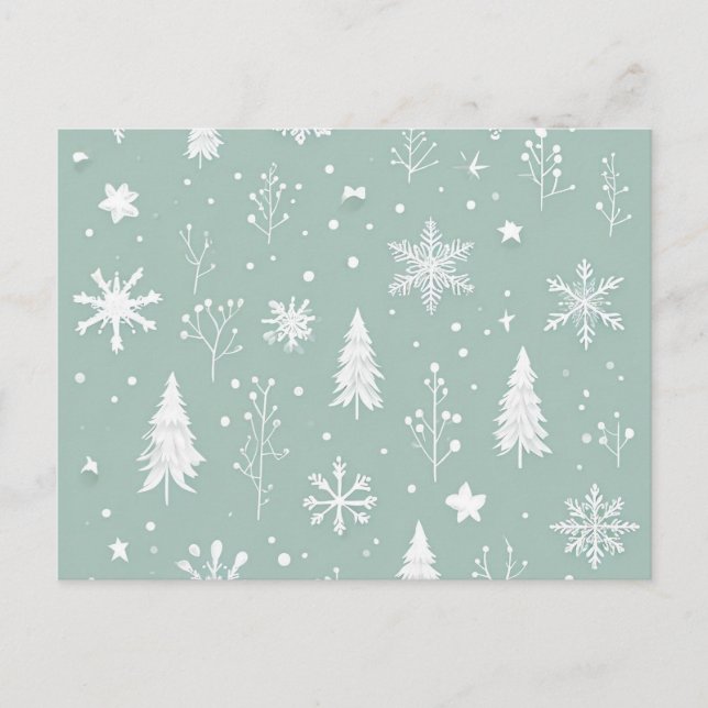 Postkarte mit weißen Bäumen und Schneeflocken (Vorderseite)