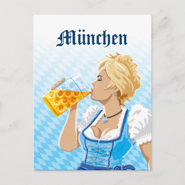 Postkarte München Frau Dirndl Drink Beer (Vorderseite)