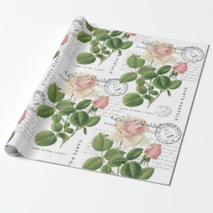 Postkarte Pink Rose französische Schrift Vintage Geschenkpapier