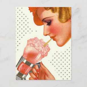 Postkarte Retro Stilvolles Gal mit Soda Fountain D
