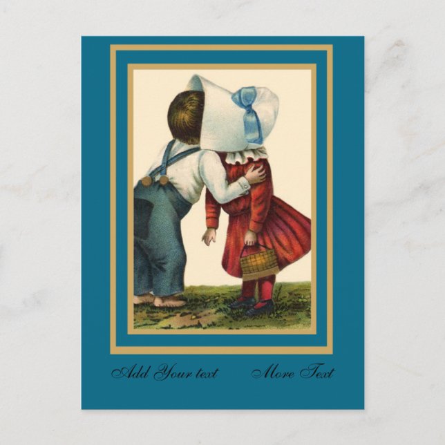Postkarte Vintage Niedliche Kinder Küssen Aquamari (Vorderseite)
