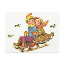 Postkarte Vintager Winter Schlittelweg