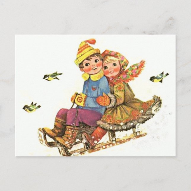 Postkarte Vintager Winter Schlittelweg (Vorderseite)