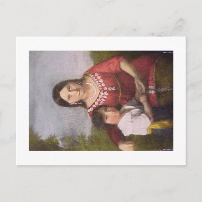 Postkarte von Pocahontas mit ihrem Sohn. (Vorderseite)