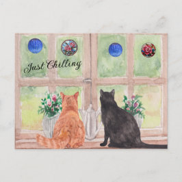 POSTKARTE Zwei Katzen am Fenster Stille Blumen