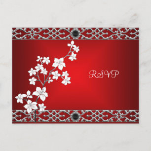 Postkarten-RSVP Asiatisch Rot Schwarz Floral Silbe Einladungspostkarte