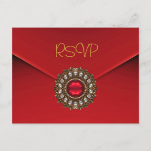 Postkarten-RSVP-Einladung Rot Gold Juwel Einladungspostkarte