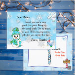 Postkarten vom Santa: Niedlicher Schneemann<br><div class="desc">Hübsche Schneeflocken mit einem bezaubernden Festsnowmann und einem personalisierten Bluebridbrief vom Weihnachtsmann vorne. Der Rücken hat einen Ort,  wo Ihr Kind seine Wunschliste schreiben kann.</div>
