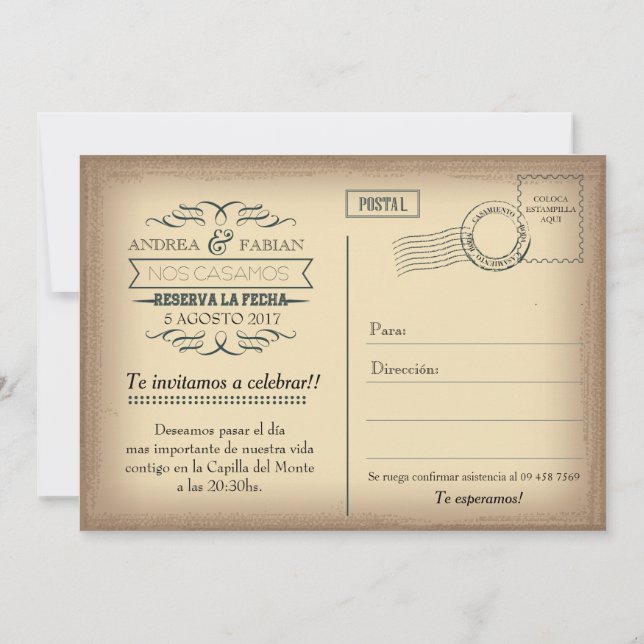 Postkartenhochzeitseinladung mit Foto auf spanisch Einladung (Rückseite)