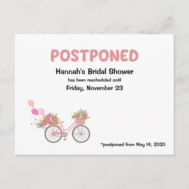 POSTPONED Brautparty Bike und Blumen Einladungspostkarte (Vorderseite)