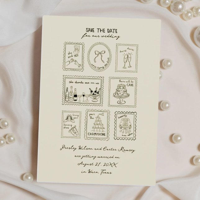 Postwertzeichen handgezeichnete Save-The-Date-Kart Save The Date (Von Creator hochgeladen)