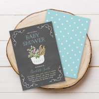 Pot Fleur Chalkboard Baby shower bleu Invitation