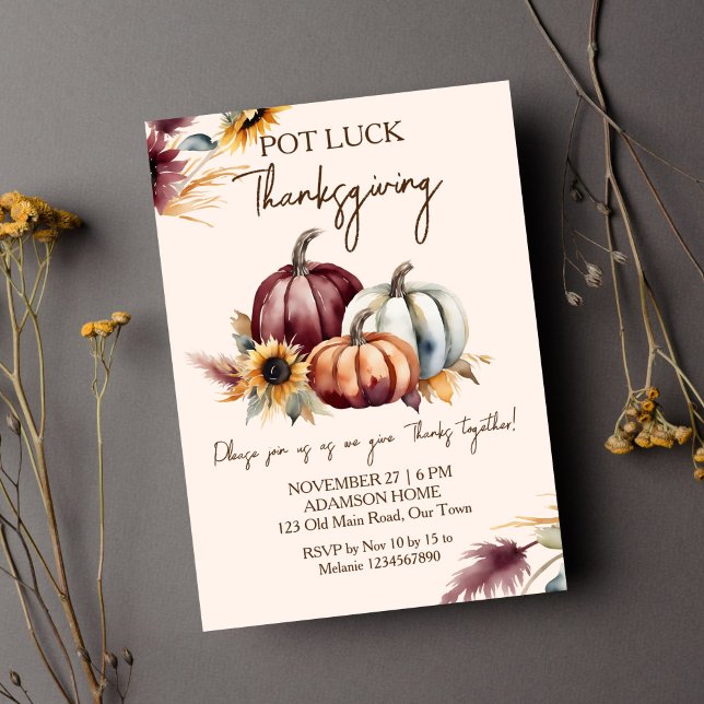 Pot Luck Erntedank Boho Kürbis Sonnenblumen Einladung (Pot Luck Thanksgiving dinner party template invitation digital download boho pumpkins sunflowers )