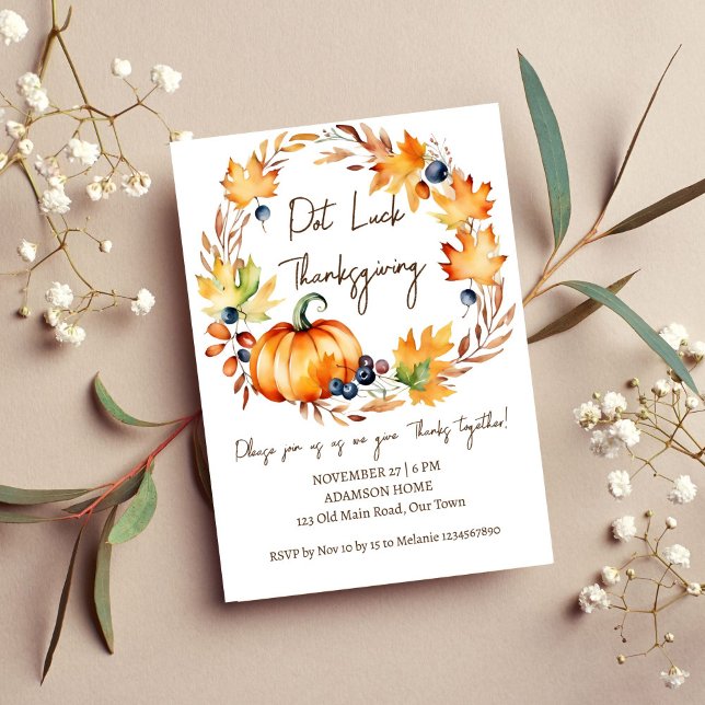 Pot Luck Erntedank Dinner Party Vorlage (Pot Luck Thanksgiving dinner party template invitation digital download watercolor pumpkin wreath)