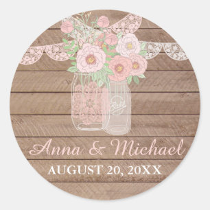 Pot Mason Jar & Autocollant Mariage en Bois Chic