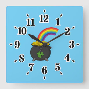 Pot of Gold Rainbow Cartoon Quadratische Wanduhr