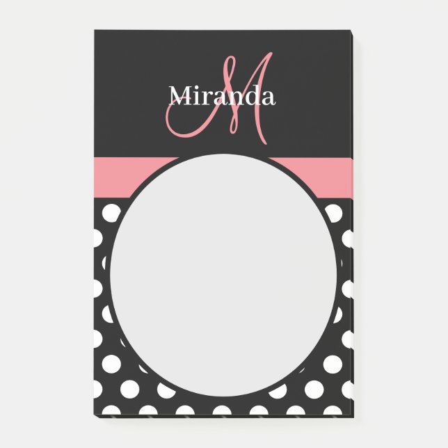 Pot rose noir blanc Polka Monogramme Post-it Notes (Devant)