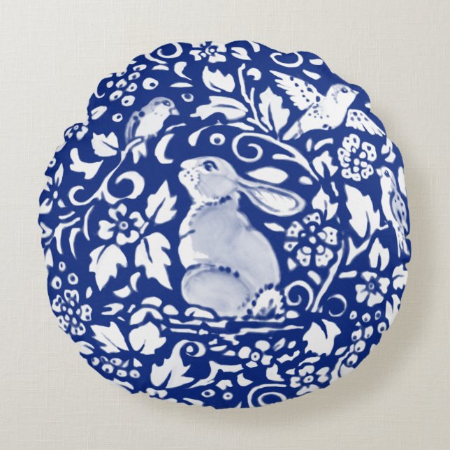 Poterie de lapin bleu et blanc look Coussin rond (Devant)