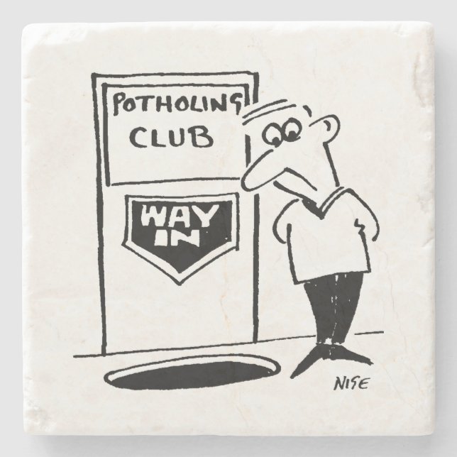Potholing Club Eingang. Potholing Witz Steinuntersetzer (Vorderseite)