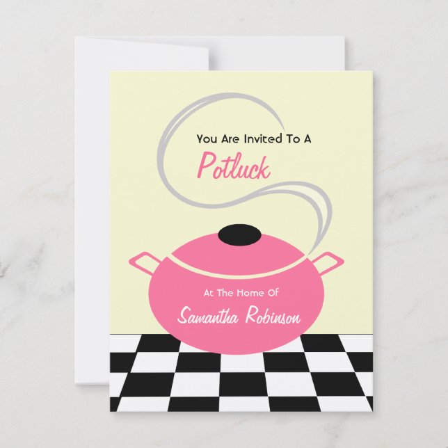 Potluck laden - Schwarz-weiße u. rosa Küche ein Einladung (Vorderseite)