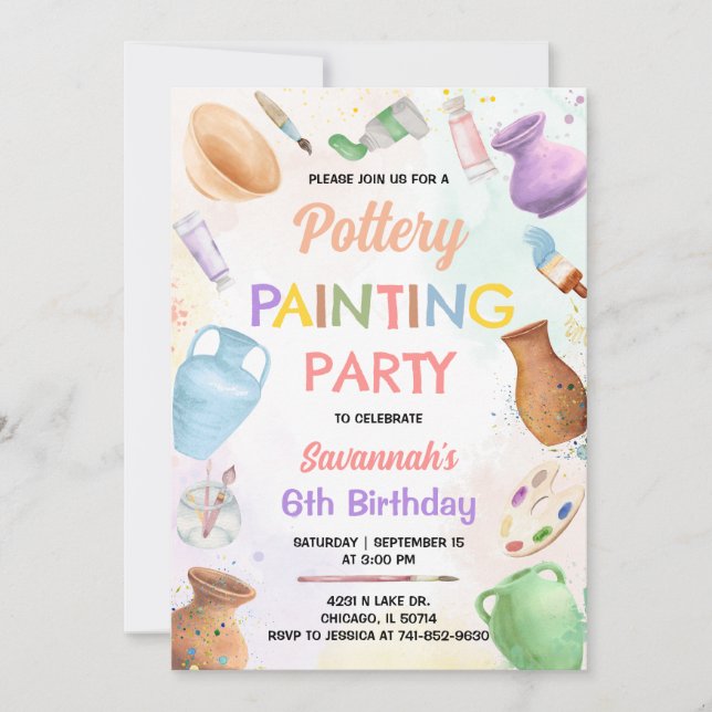 Pottery Painting Birthday Invitation Einladung (Vorderseite)