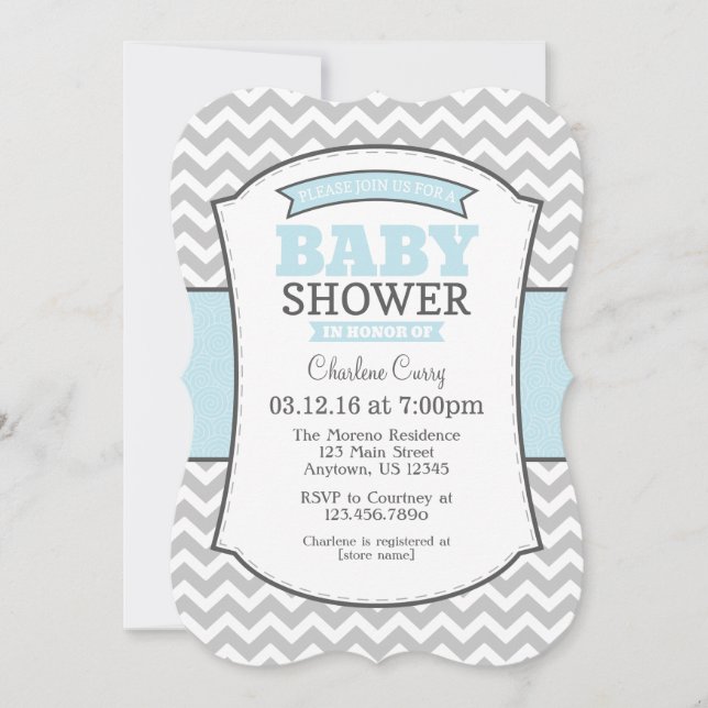 Poudre bleu gris Chevron Baby shower Invitation (Devant)